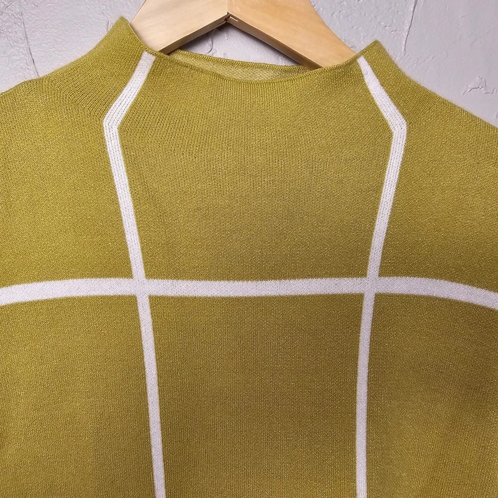MAX STUDIO Women's Green / Mustard Yellow Grid Print Mock‎ Neck Sweater XL EUC